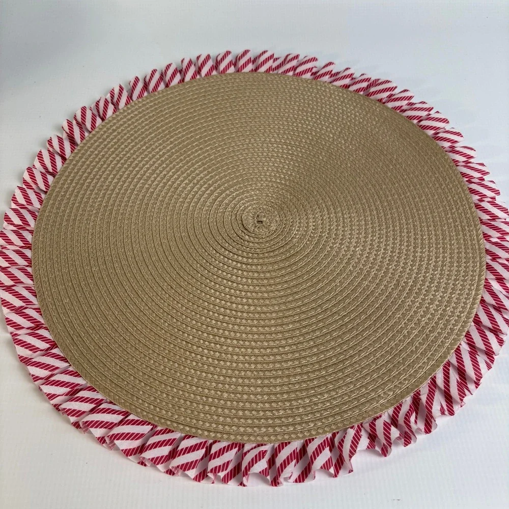 Dolly Parton Round Woven Placemats Set of 4 Ruffled Pink Blue Red Stripe 15 Inch